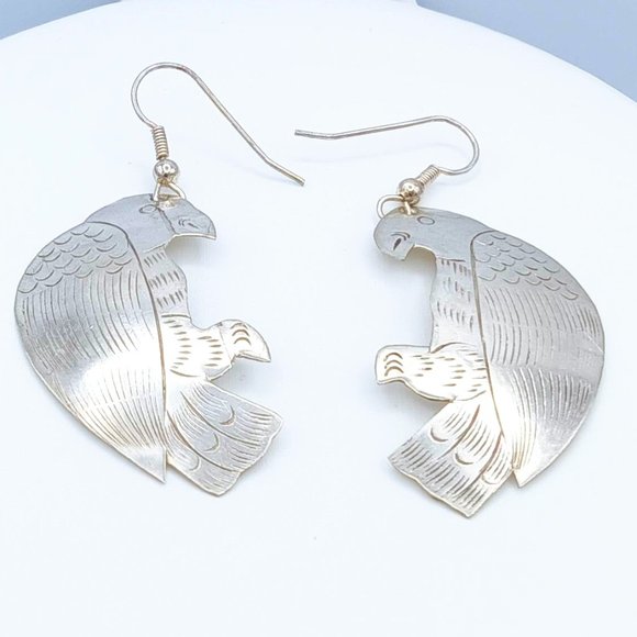 Vintage Silver Etched Bird Hawk Dangle Earrings - Picture 8 of 12